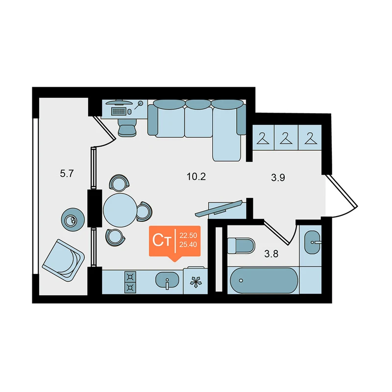 Планировка: Студия, 25,4 м²