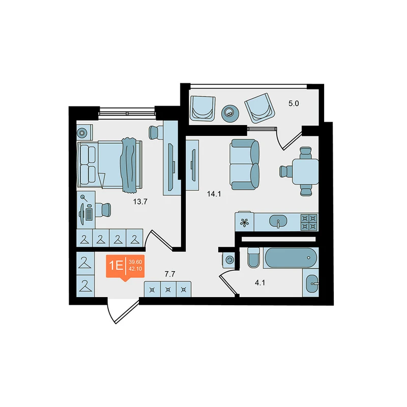 Планировка: 1-комнатная квартира, 42,1 м²