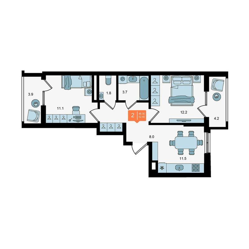 Планировка: 2-комнатная квартира, 52,4 м²