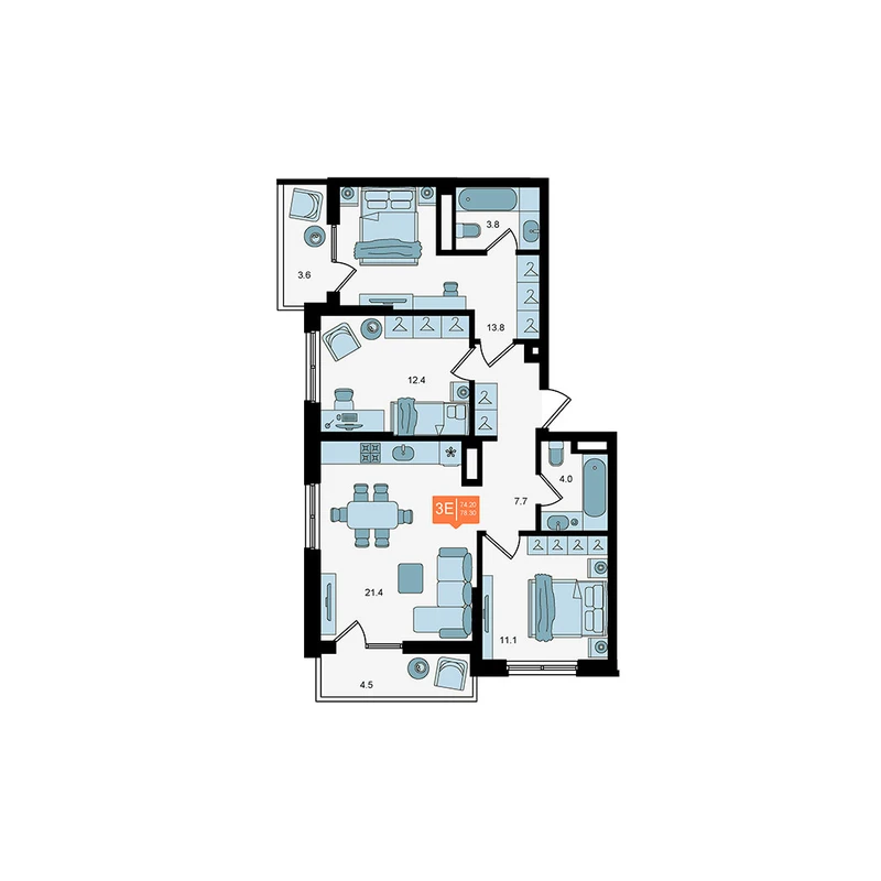 Планировка: 3-комнатная квартира, 78,3 м²